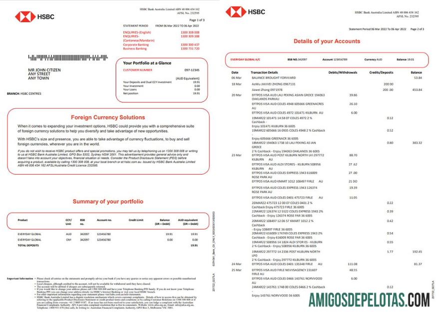 Extrato bancário HSBC da Austrália para download, modelo Word e PDF, 3 páginas